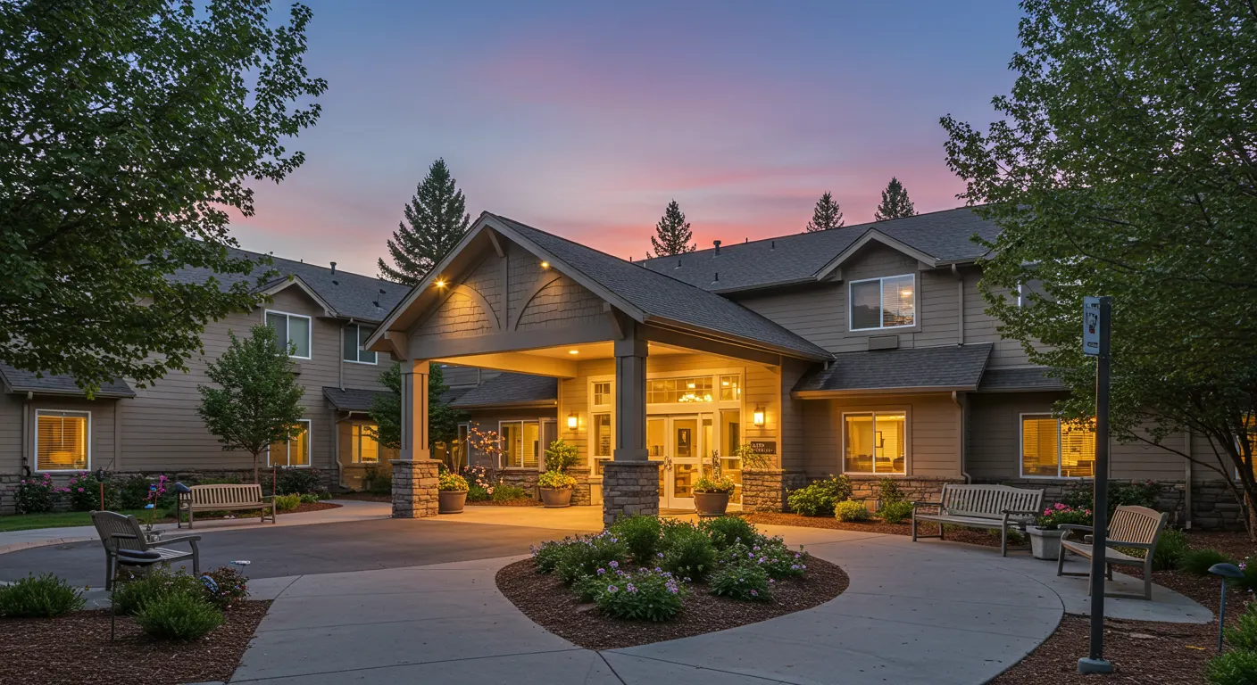 A peaceful and inviting exterior view of The Bridge at Valley View, featuring well-maintained grounds, shaded seating areas, and a welcoming entrance. Title: The Bridge at Valley View Assisted Living