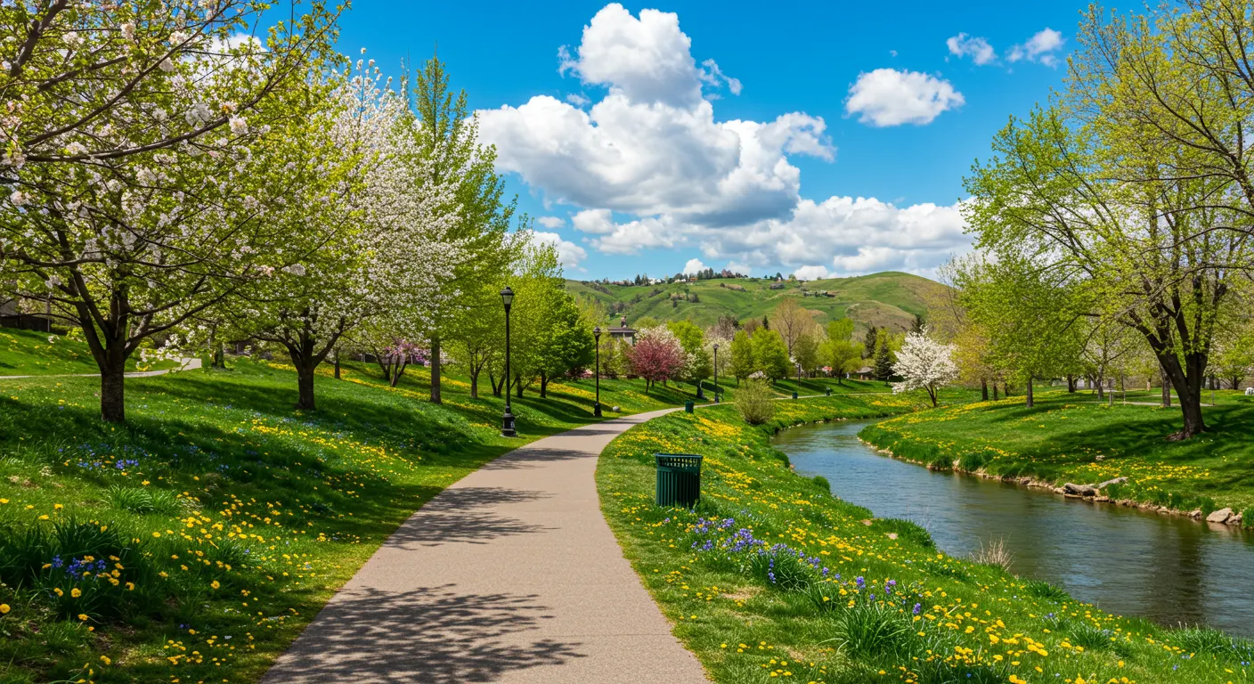 A scenic springtime view of Boise, Idaho, featuring blooming trees, green foothills, and a peaceful walking path along the Boise River.